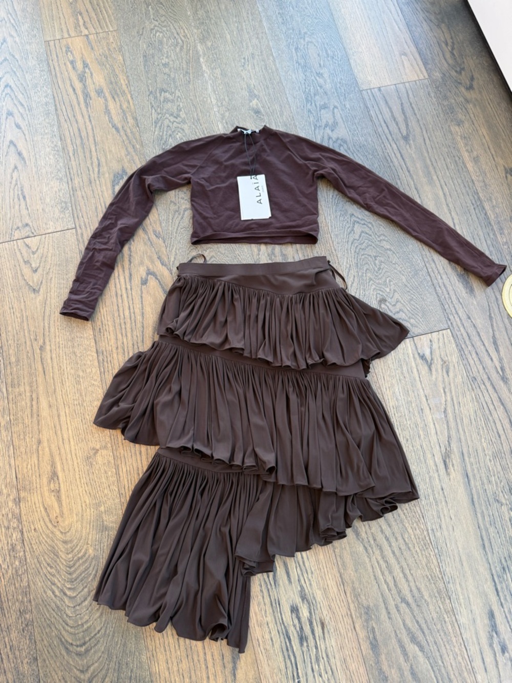 Alaia chocolate brown skirt set Arielle charnas